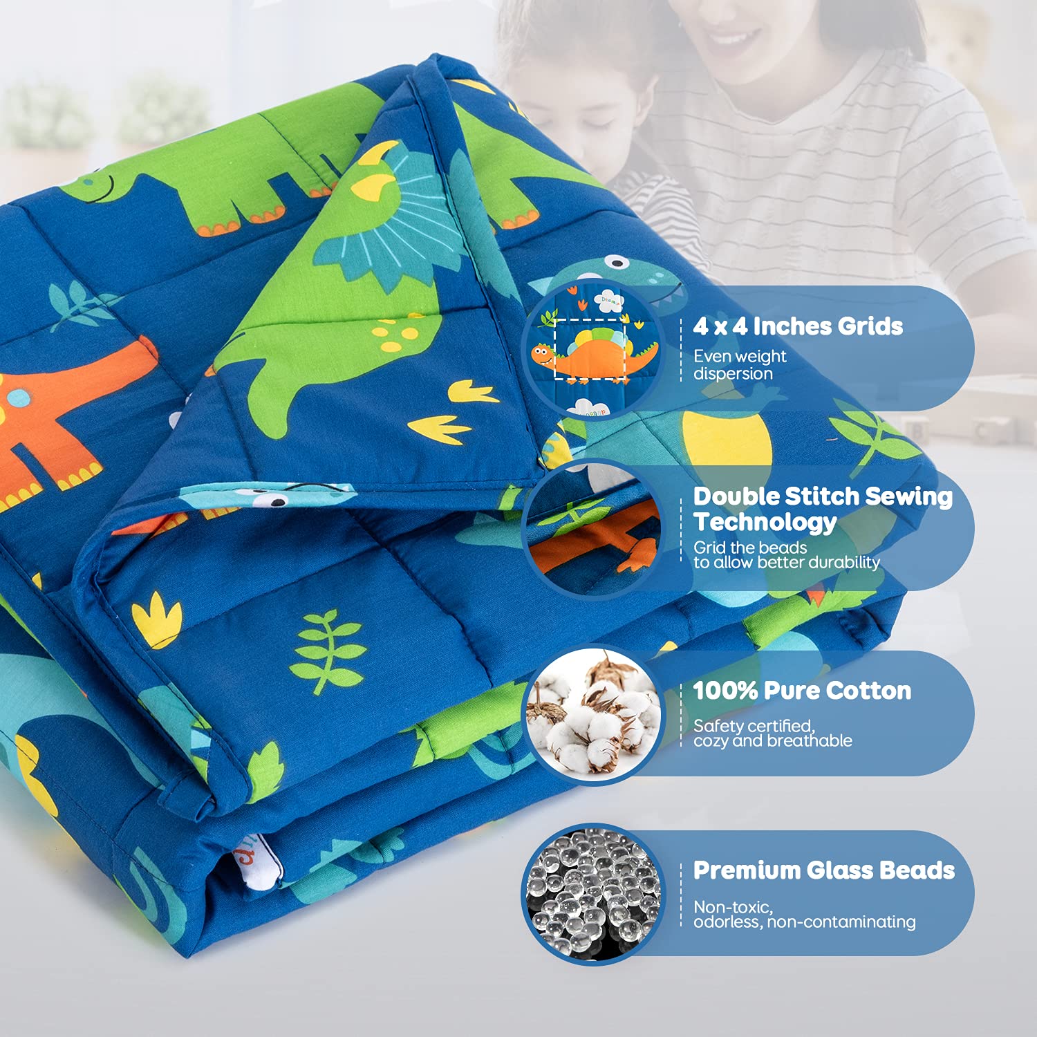 Sivio Weighted Lap Pad for Kid 2lbs 100% Cotton Weighted Blanket for Children Sensory Weighted Lap Blanket for Kids Indoor Outdoor, 19 x 21 Inch, Blue Dinosaur