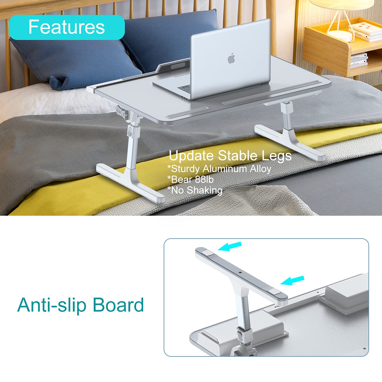 Foldable Laptop Bed Tray Desk, Adjustable Laptop Bed Table with Heights and Angles, Upgraded-Sturdy Laptop Lap Desk for Bed/Sofa/Couch/Floor, Lap Tablet Desk (NO Drawer, Grey)