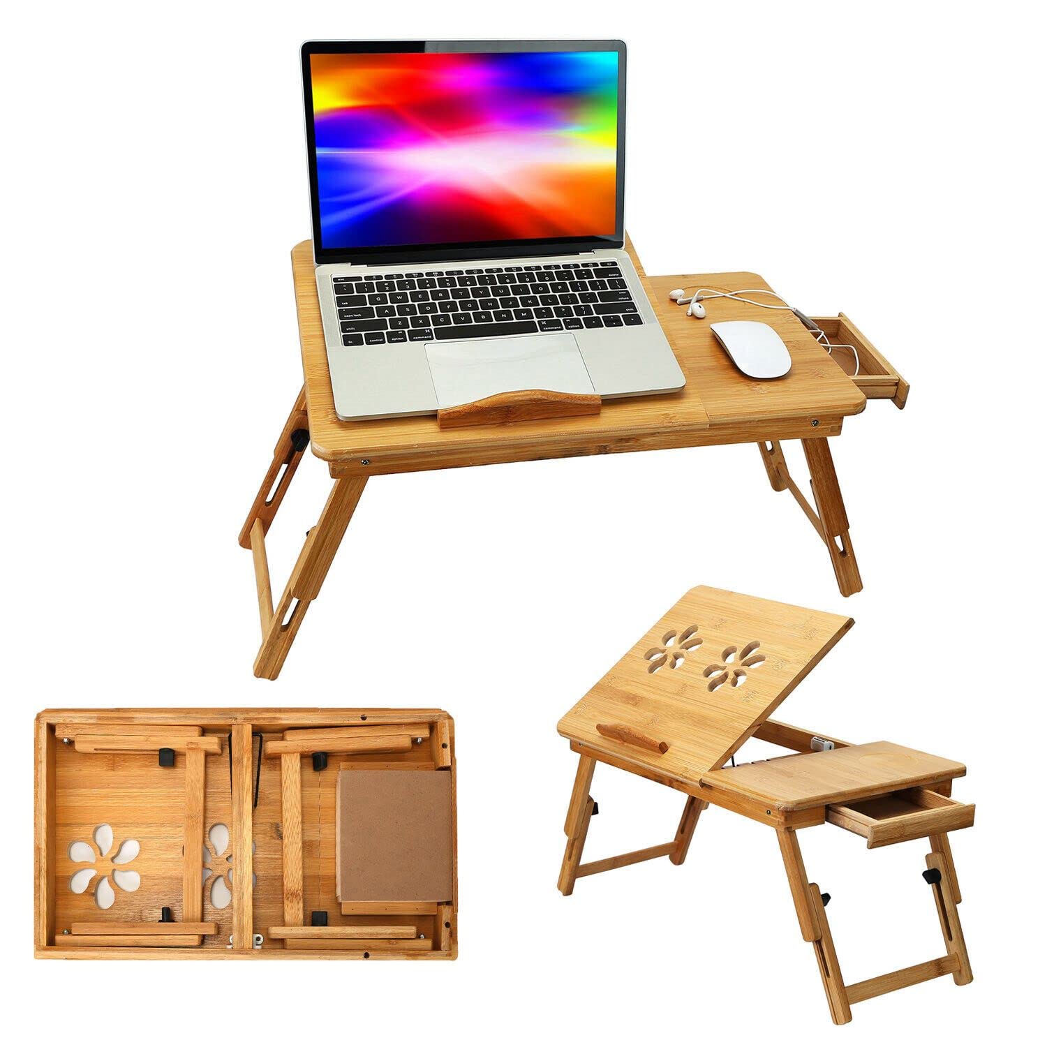 MEZHI Portable Laptop Desk Foldable Lap Bed Tray Adjustable Table Stand Bamboo Desk