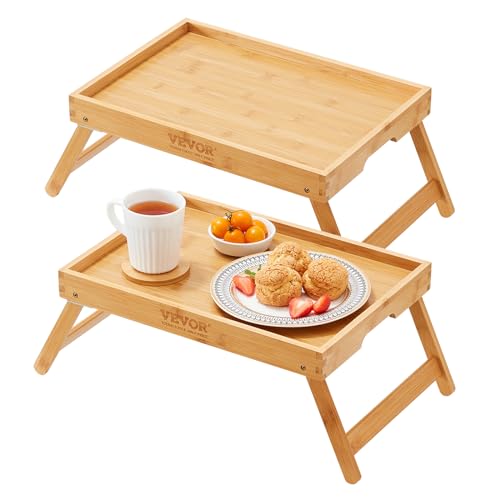 VEVOR 2-Pack Bed Tray Table with Foldable Legs, Bamboo Breakfast Tray for Sofa, Bed, Eating, Snacking, and Working, Folding Serving Laptop Desk Tray, Portable Food Snack Platter for Picnic, 15.7"x11"