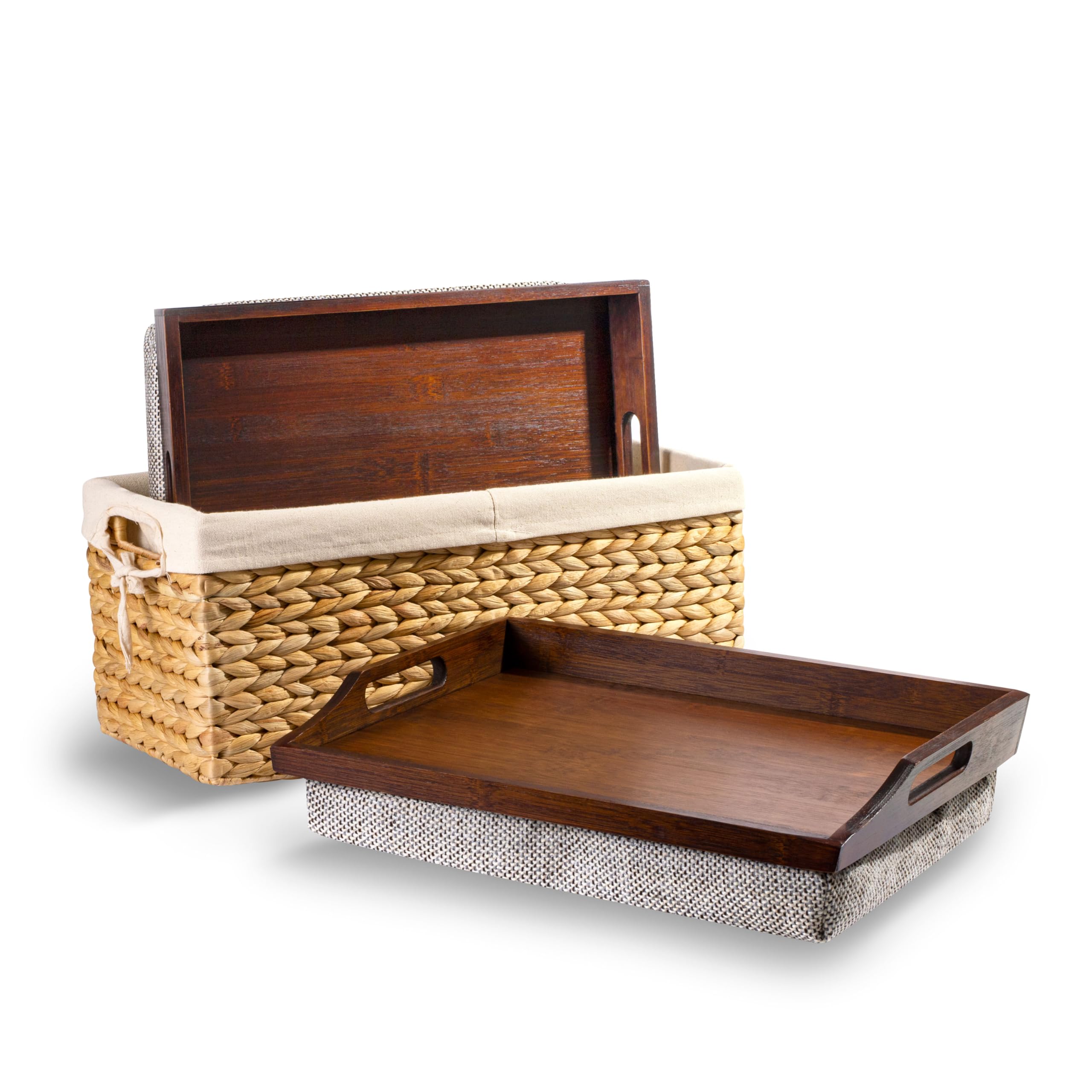 ROSSIE HOME Bamboo Wood Bed Tray Lap Desk - Set of Two - with Hyacinth Storage Basket - Java - Fits up to 15.6 Inch Laptops - Style No. 70102