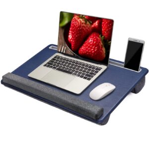 extra large lap laptop desk - full pu material mouse pad gaming tray - portable lapdesk with phone holder & wrist rest for notebook, macbook, tablet, bed, sofa(blue, fit up 17.3-in laptops)