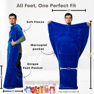 EzrAllora Lightweight Foot Pocket Blanket with Marsupial Pocket - Patent Pending- 67"x40" Premium Fleece Throw - Gifts for Men Who Want Nothing - TV Lap Blanket (Fleece, Azure)