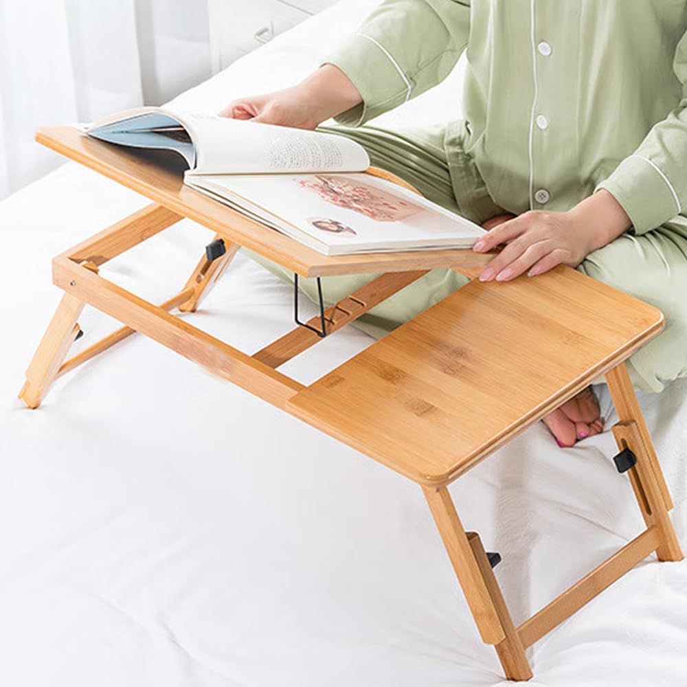 SKYZONAL Bamboo Laptop Desk, Adjustable Portable Bamboo Laptop Table with Drawer, Folding Breakfast Tray Padded Lap Work Tray for Working Writing Drawing Surfing Reading Eating