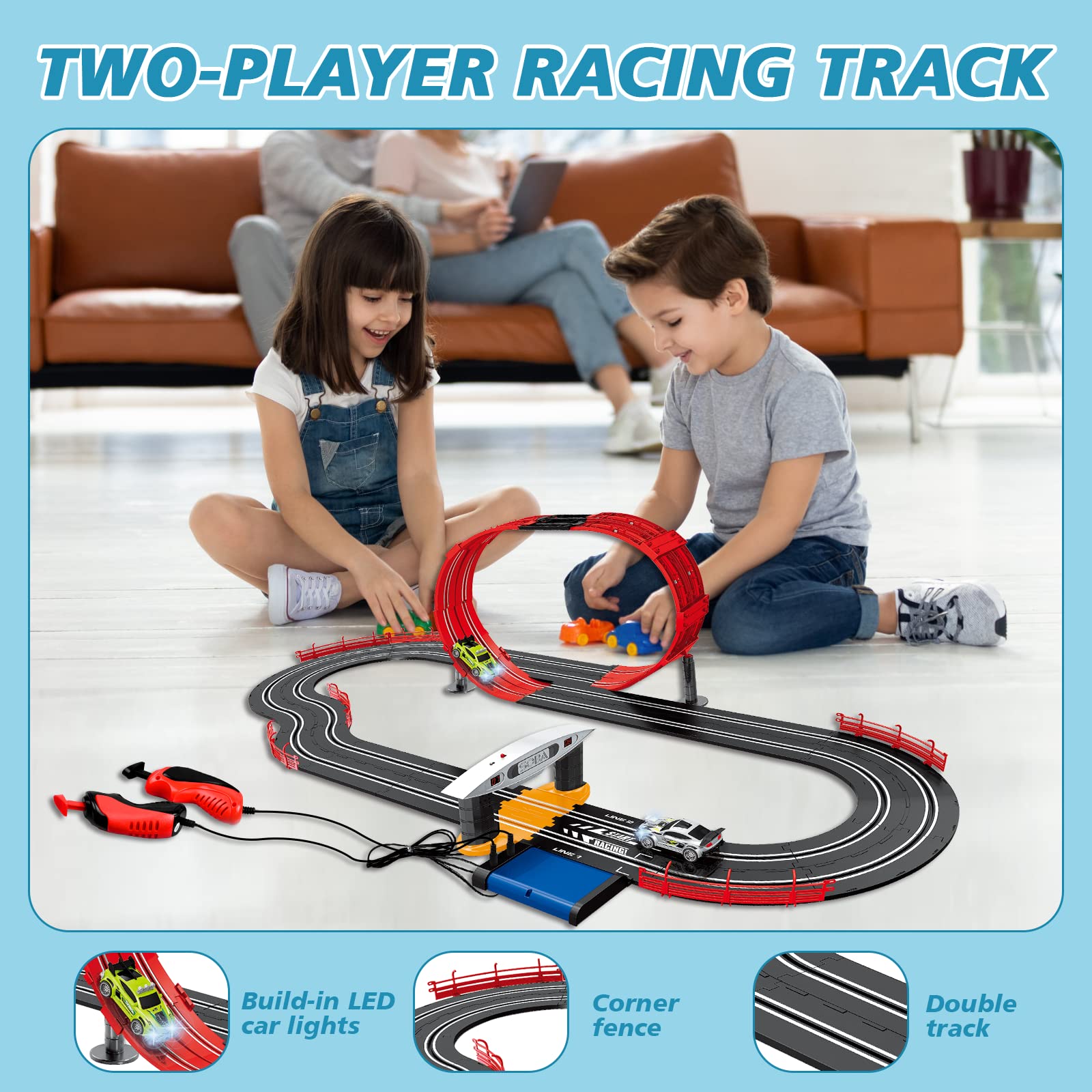 Slot Car Race Track Sets, Battery or Electric Race Car Track, Include 2 Cars with Headlights, 2 Controllers, Lap Counter with Countdown & Sound Effects, Toys Gifts for Boys Girls