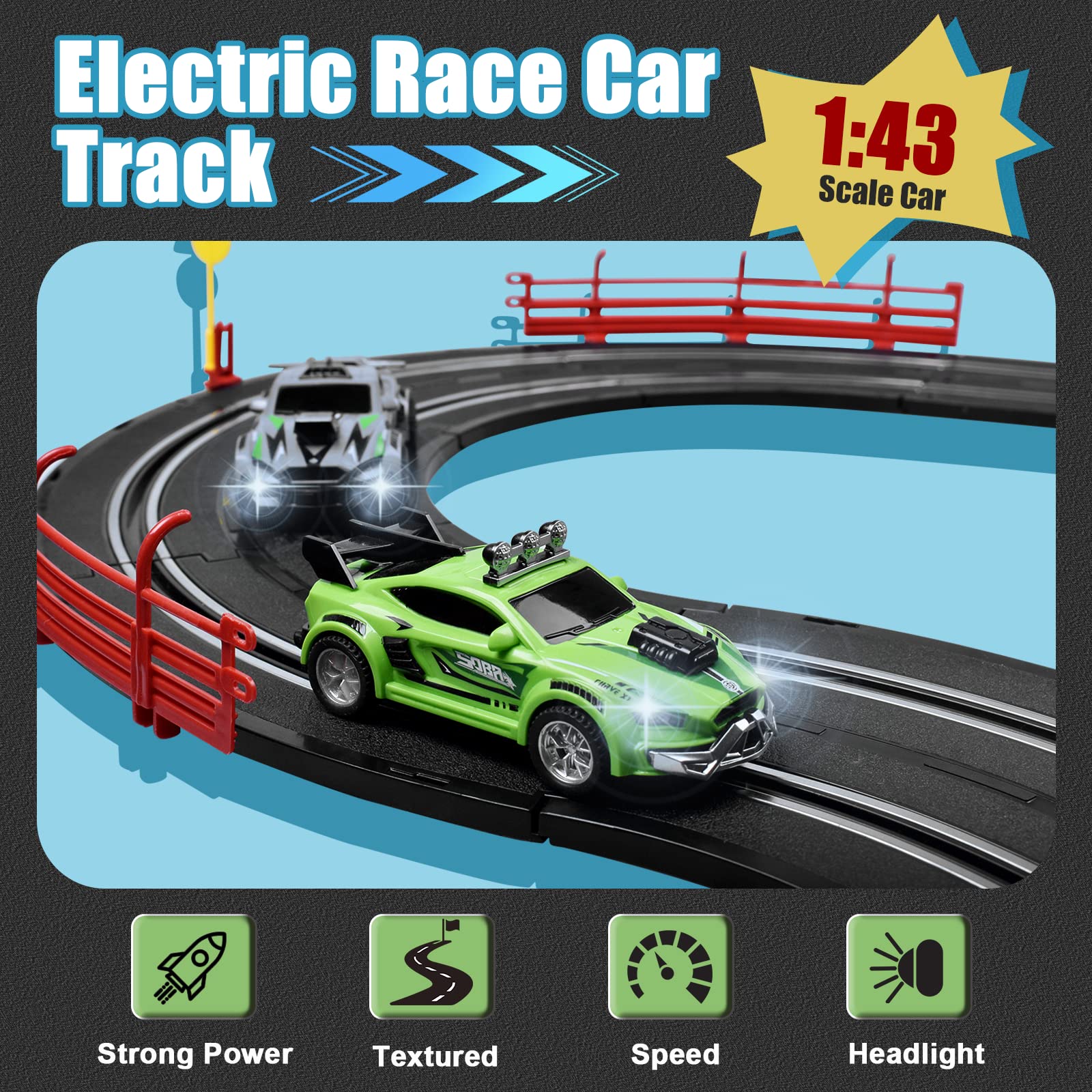 Slot Car Race Track Sets, Battery or Electric Race Car Track, Include 2 Cars with Headlights, 2 Controllers, Lap Counter with Countdown & Sound Effects, Toys Gifts for Boys Girls