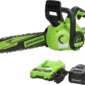 Greenworks 24V 12" Brushless Cordless Compact Chainsaw (Great For Storm Clean-Up, Pruning, and Firewood / 125+ Compatible Tools), 4.0Ah Battery and Charger Included