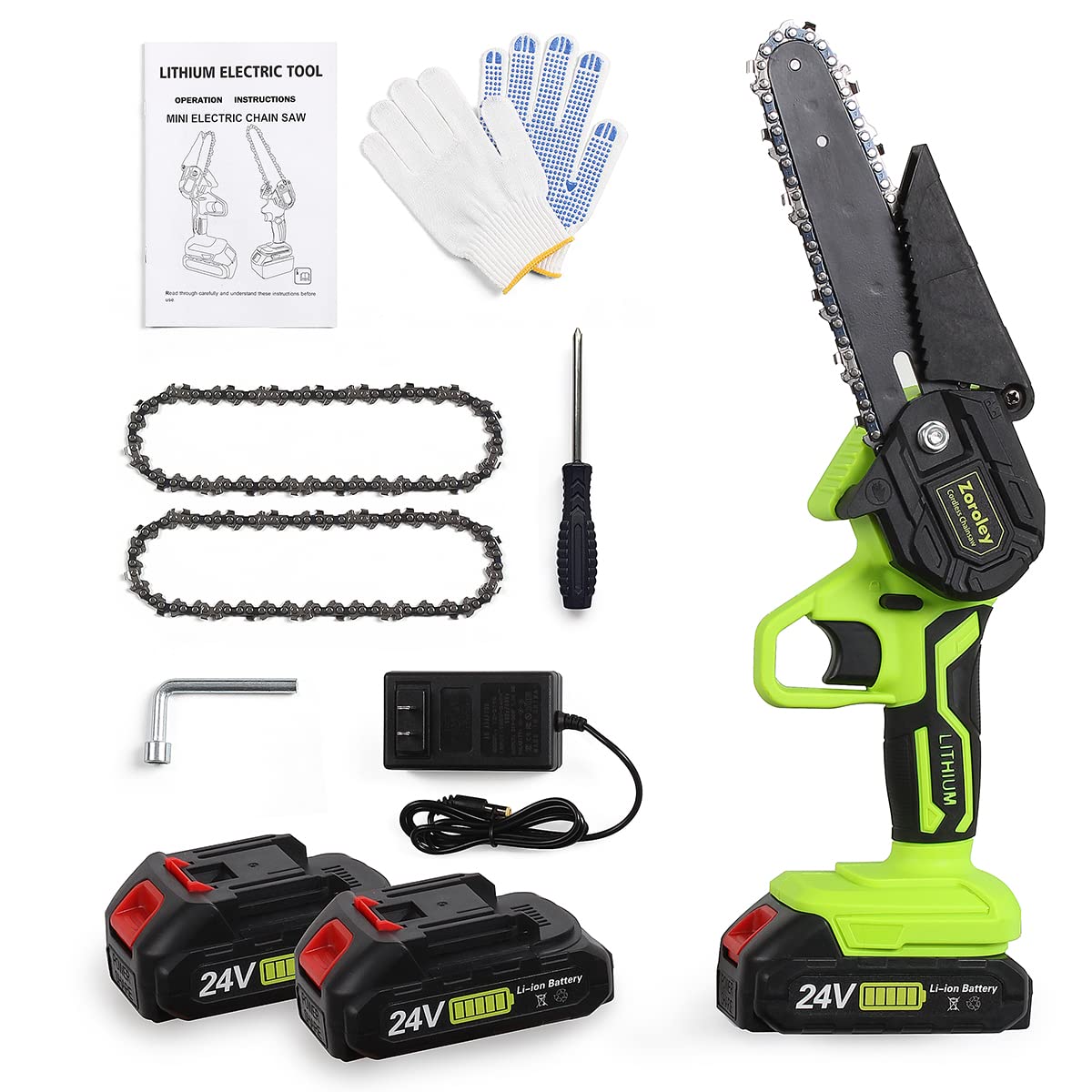 Mini Chainsaw, Zoroley Cordless Chainsaw 6 Inch, 24V Battery Powered Chainsaw, Handheld Portable Electric Chainsaw for Tree Trimming Branch Wood Cutting, Garden Bush Pruning(2 Batteries & 2 Chains)