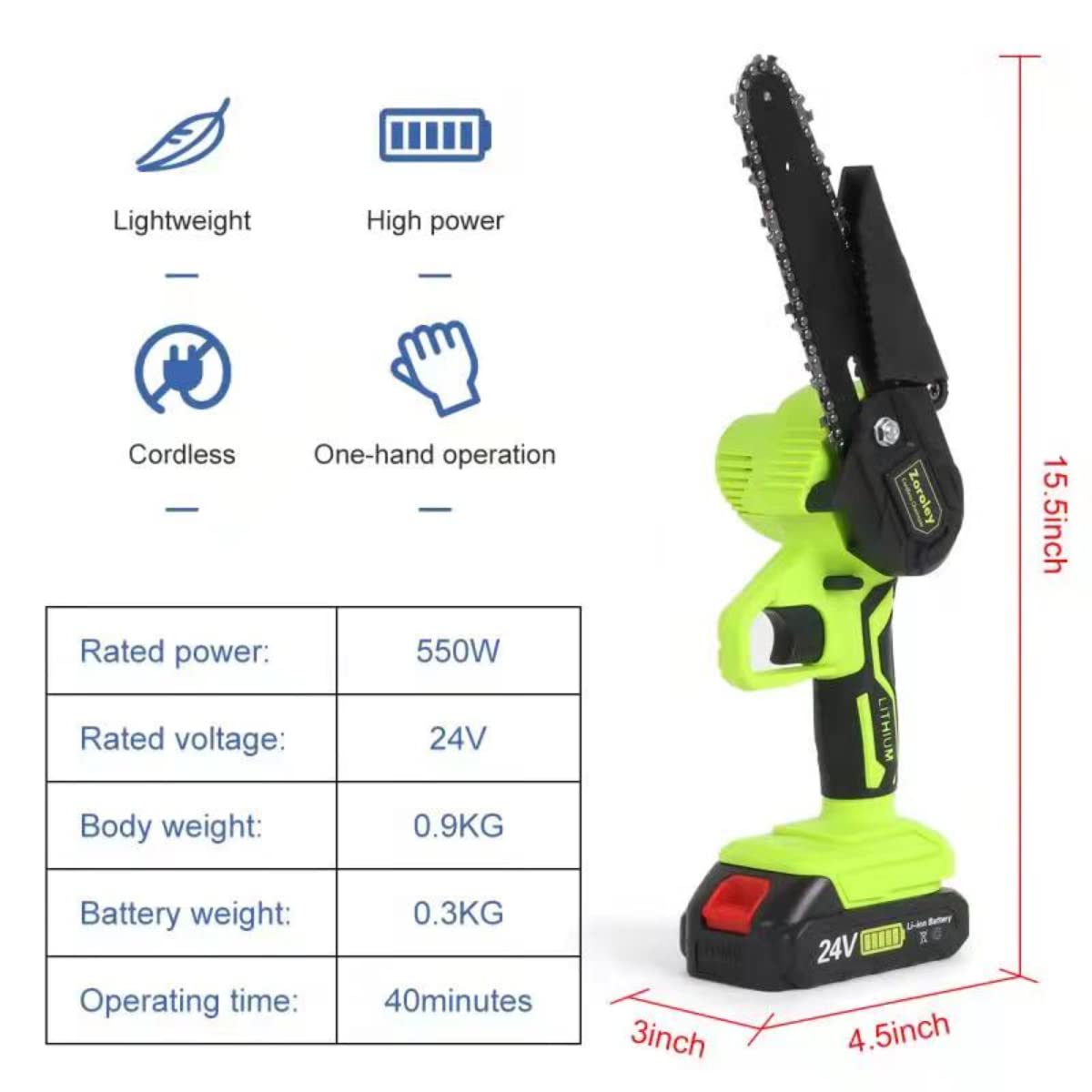 Mini Chainsaw, Zoroley Cordless Chainsaw 6 Inch, 24V Battery Powered Chainsaw, Handheld Portable Electric Chainsaw for Tree Trimming Branch Wood Cutting, Garden Bush Pruning(2 Batteries & 2 Chains)