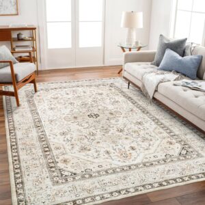 HILORUUG Washable Area Rug 6x9 - Bedroom Living Room Large Indoor Rugs Soft Oriental Vintage Rugs Non-slip Backing Stain Resistant for Farmhouse Kitchen (6x9 Ivory/Multi)