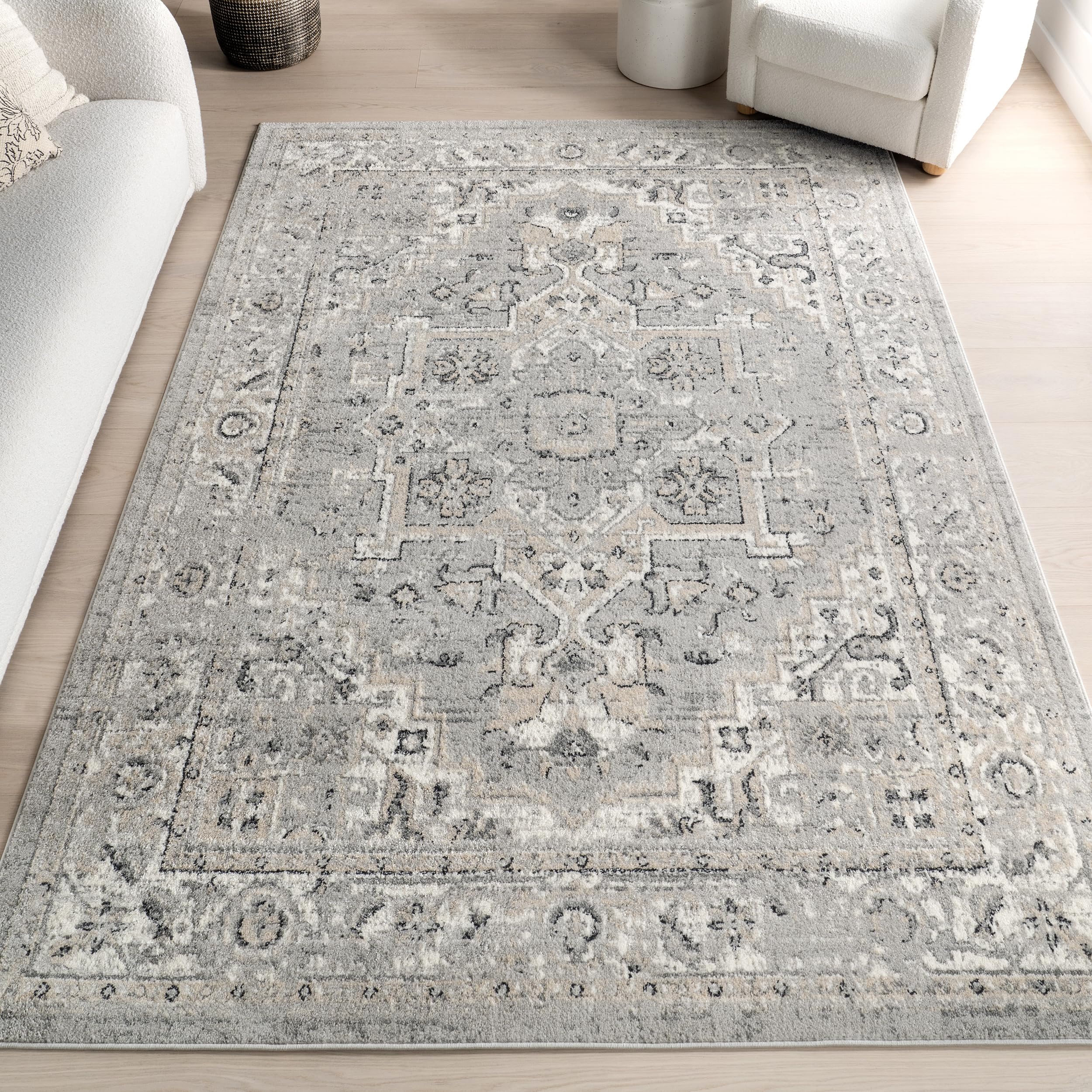 nuLOOM Gena Distressed Vintage Persian Area Rug - 9x12 Area Rug Traditional Light Grey/Ivory Rugs for Living Room Bedroom Rug Dining Room