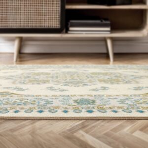 Antep Rugs Alfombras Oriental Traditional 5x7 Non-Skid (Non-Slip) Low Profile Pile Rubber Backing Indoor Area Rugs (Blue Beige, 5' x 7')