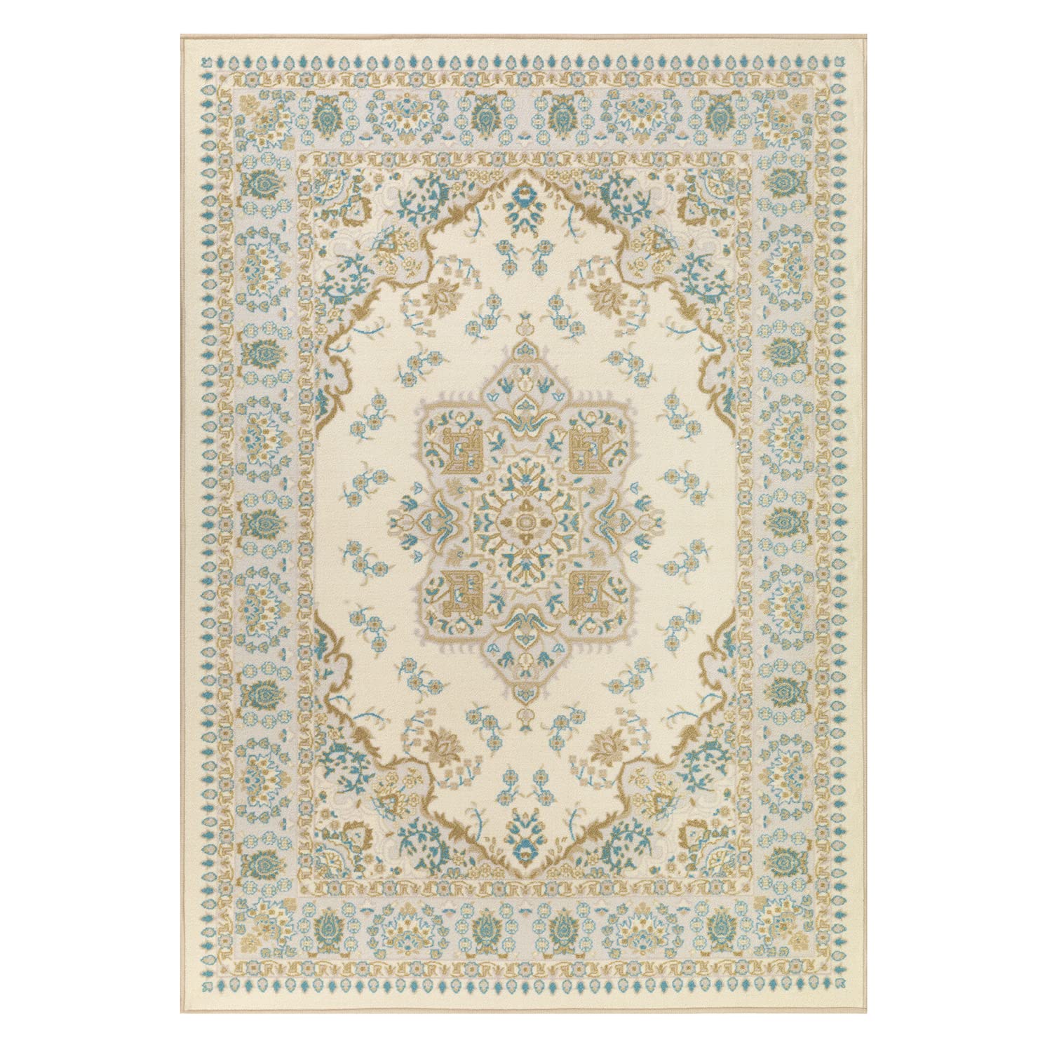 Antep Rugs Alfombras Oriental Traditional 5x7 Non-Skid (Non-Slip) Low Profile Pile Rubber Backing Indoor Area Rugs (Blue Beige, 5' x 7')