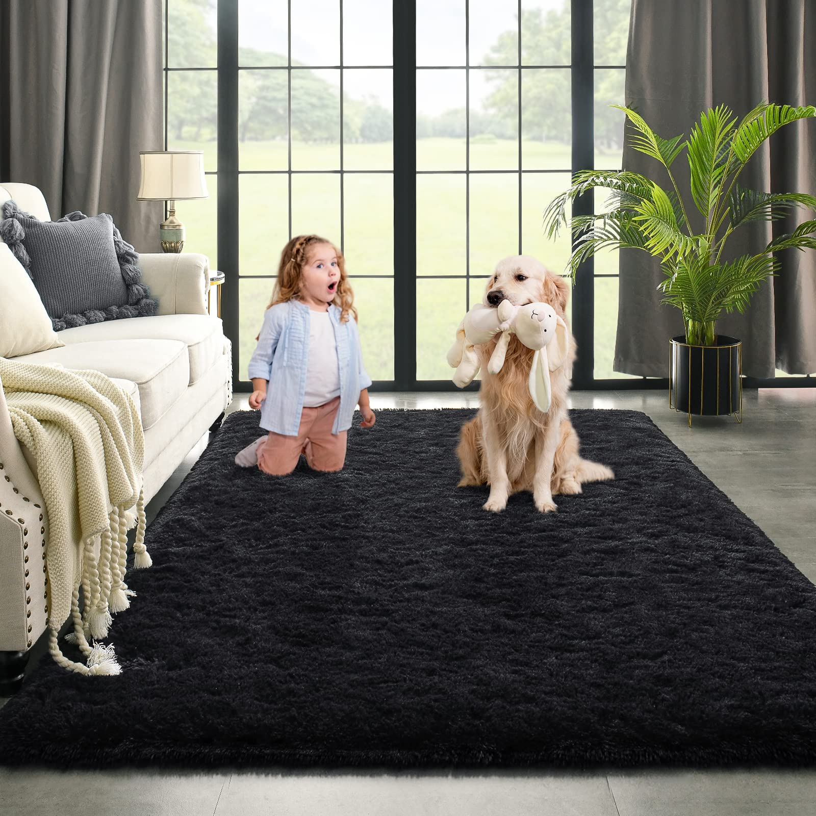 Kimicole Black Area Rug for Bedroom Living Room Carpet Home Decor, Upgraded 6x9 Cute Fluffy Rug for Apartment Dorm Room Essentials for Teen Girls Kids, Shag Nursery Rugs for Baby Room Decorations