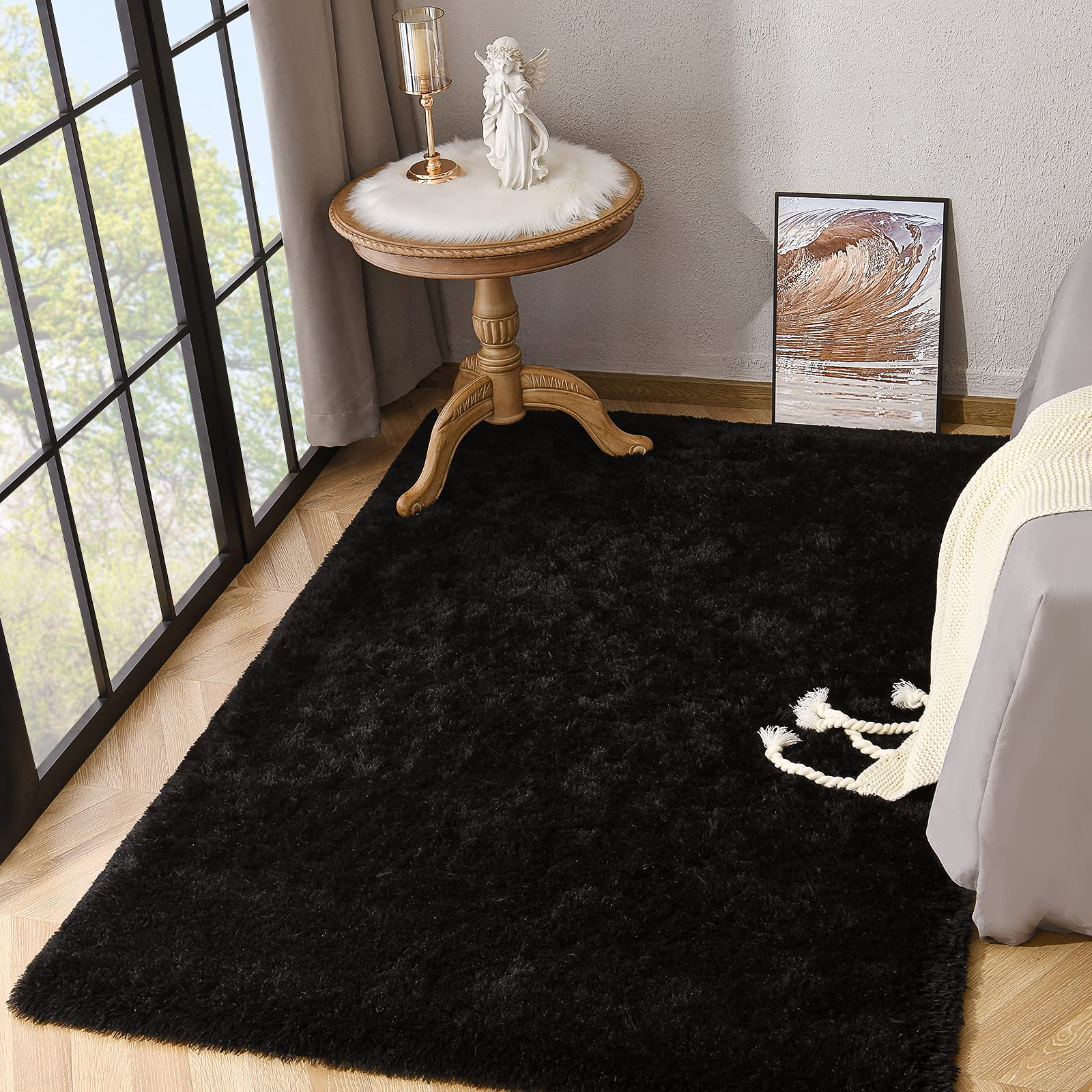 Kimicole Black Area Rug for Bedroom Living Room Carpet Home Decor, Upgraded 6x9 Cute Fluffy Rug for Apartment Dorm Room Essentials for Teen Girls Kids, Shag Nursery Rugs for Baby Room Decorations