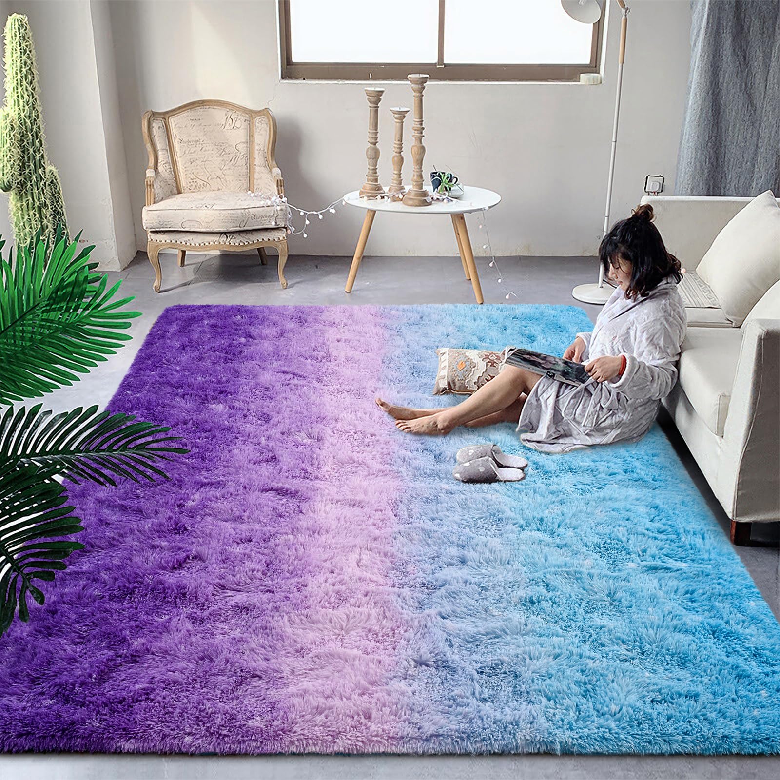 DweIke Shag Area Rug, 5x8 Ft Purple Blue Indoor Ultra Soft Plush Carpets for Living Room and Bedroom, Non-Slip, Plush High Pile Fuzzy Rugs for Girls Kids Room Home Decor