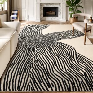 yihouse 8×10 ft area rugs non-shedding washable rug, bedroom living room dining room office nonslip modern large rugs soft faux wool carpet indoor contemporary striped rugs-black and white rug