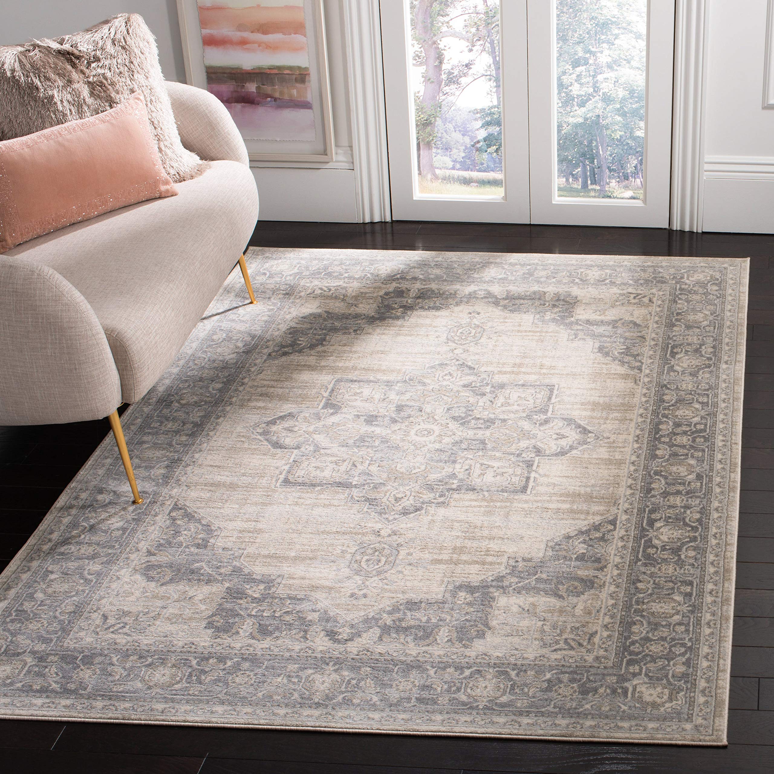 SAFAVIEH Brentwood Collection Area Rug - 6' x 9', Cream & Grey, Medallion Distressed Design, Non-Shedding & Easy Care, Ideal for High Traffic Areas in Living Room, Bedroom (BNT865B)