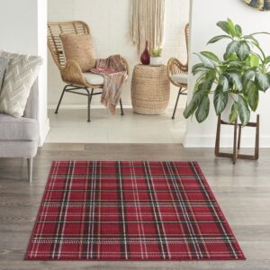 Nourison Grafix Red 3'9'' x 5'9'' Area-Rug, Modern, Plaid, Bed Room, Living Room, Dining Room, Kitchen, Easy-Cleaning, Non Shedding, (4' x 6')