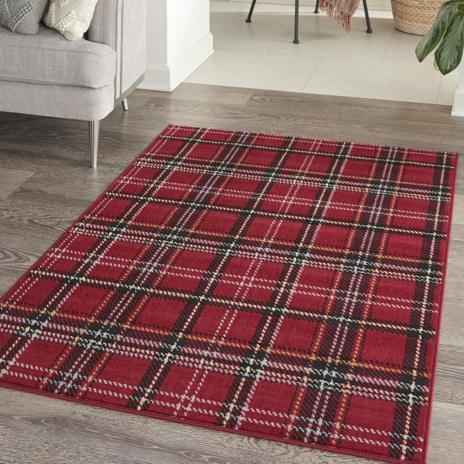 Nourison Grafix Red 3'9'' x 5'9'' Area-Rug, Modern, Plaid, Bed Room, Living Room, Dining Room, Kitchen, Easy-Cleaning, Non Shedding, (4' x 6')