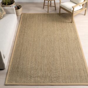 nuloom 5x8 elijah seagrass area rug, beige, solid farmhouse style, cotton bordered, basketweave, natural fiber, for bedroom, dining room, living room, hallway, office, kitchen, entryway