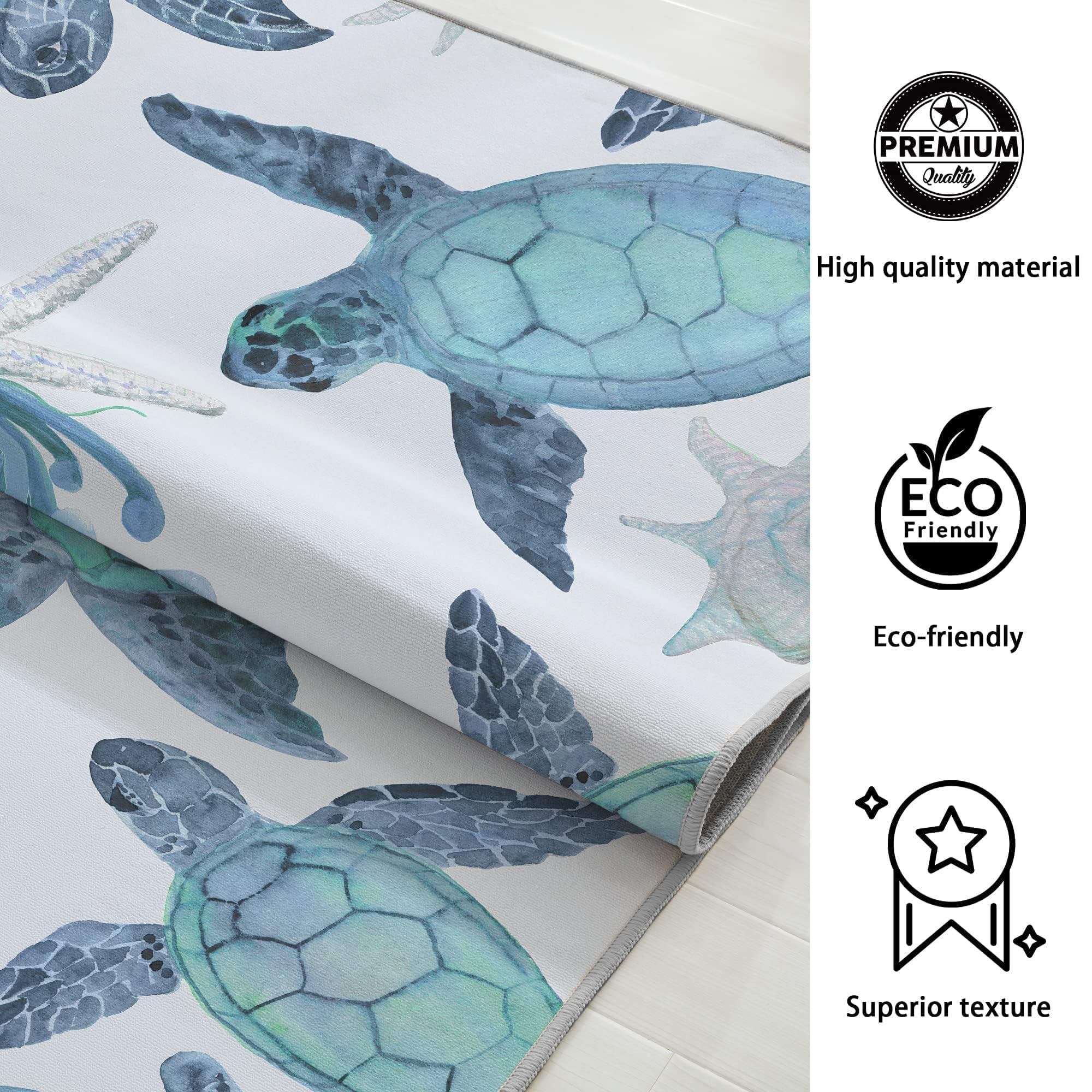 Tritard Coastal Sea Turtles Area Rugs Beach Themed Nautical Non Slip Area Rugs Stain Resistant Washable Accent Rugs Non Shedding Floor Carpet for Living Room Bedroom, Teal, 8x10 Feet