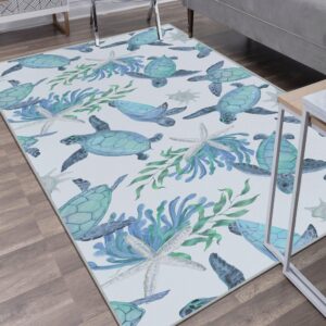 Tritard Coastal Sea Turtles Area Rugs Beach Themed Nautical Non Slip Area Rugs Stain Resistant Washable Accent Rugs Non Shedding Floor Carpet for Living Room Bedroom, Teal, 8x10 Feet