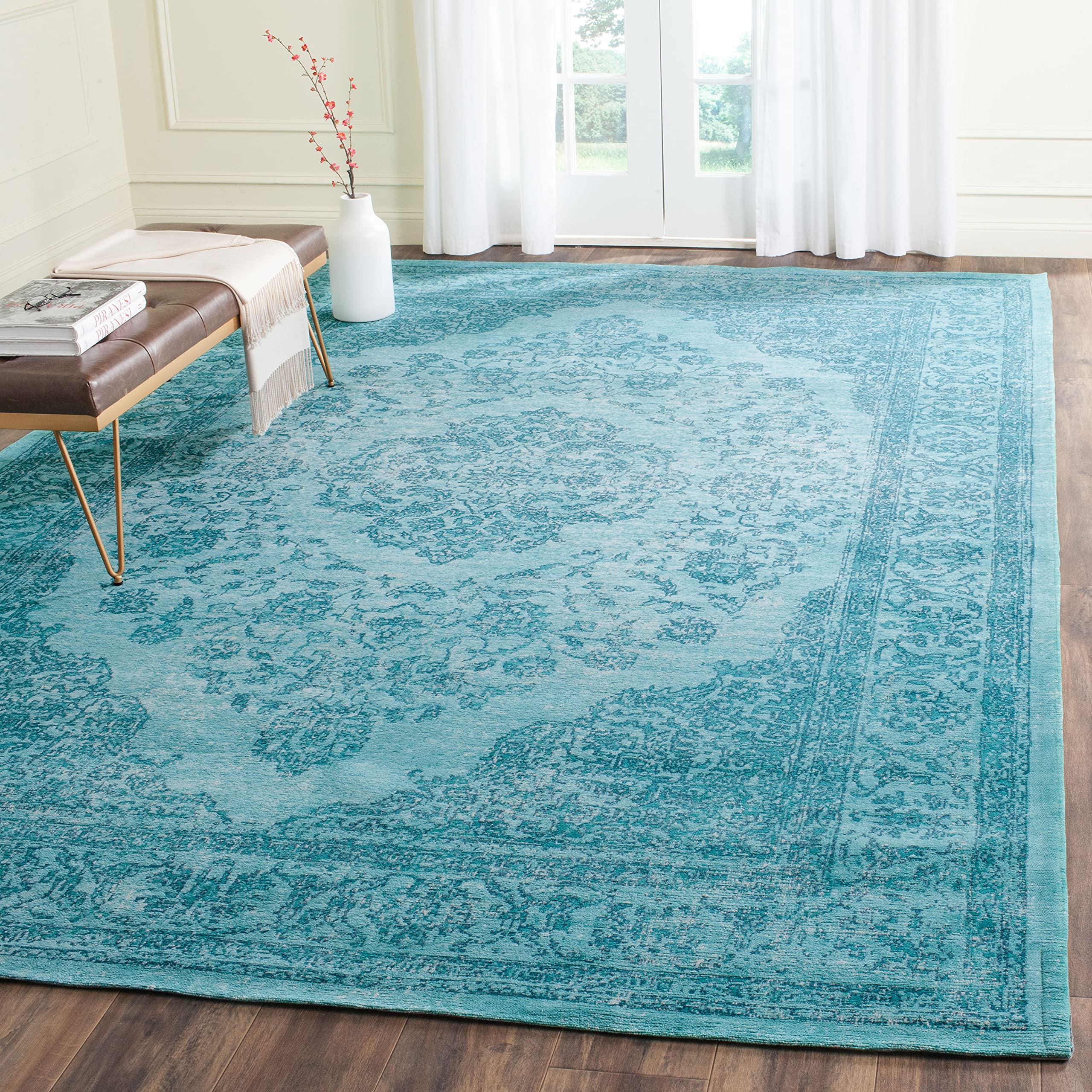 SAFAVIEH Classic Vintage Collection Area Rug - 8' x 10', Aqua, Oriental Medallion Cotton Design, Easy Care, Ideal for High Traffic Areas in Living Room, Bedroom (CLV121E)