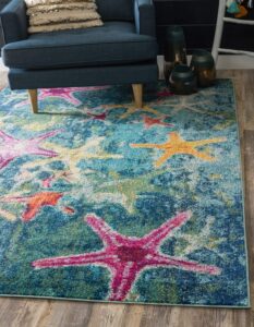 unique loom positano collection coastal modern bright colors starfish navy blue area rug (9' x 12')