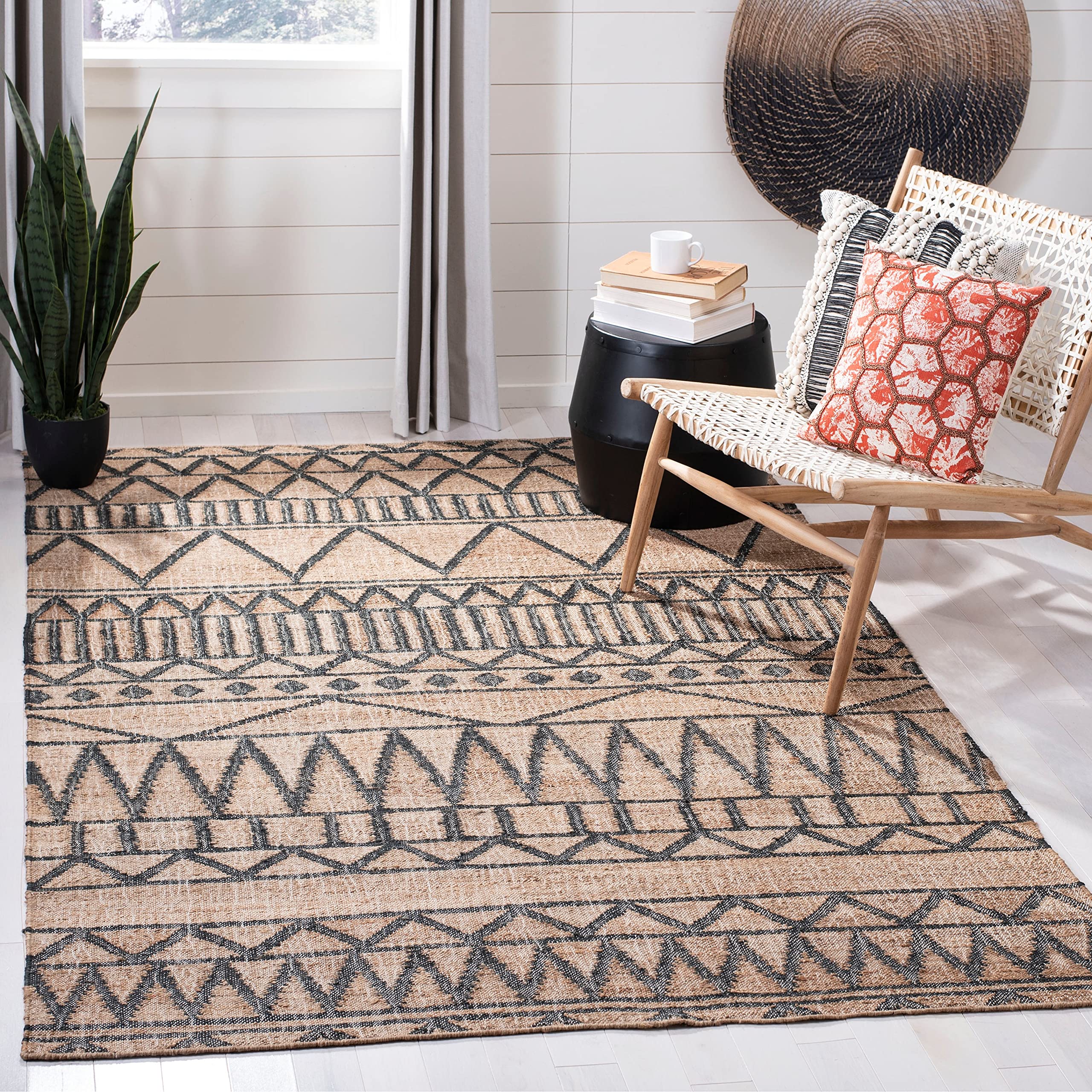 SAFAVIEH Kilim Collection Area Rug - 9' x 12', Natural & Charcoal, Handmade Flat Weave Jute, Ideal for High Traffic Areas in Living Room, Bedroom (KLM752A)