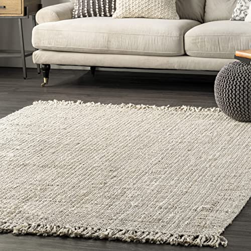 nuLOOM 6x9 Daniela Jute Tassel Hand Woven Area Rug, Off White, Solid Chunky Farmhouse Design, Natural Fiber, For Bedroom, Dining Room, Living Room, Hallway, Office, Entryway