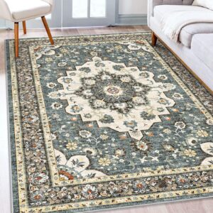 TOPRUUG Washable Oriental Area Rug - 5x8 Rugs for Living Room Soft Carpet for Bedroom Waterproof Floral Distressed Indoor Stain Resistant Non-Shedding Floor Carpets (Blue, 5x8)