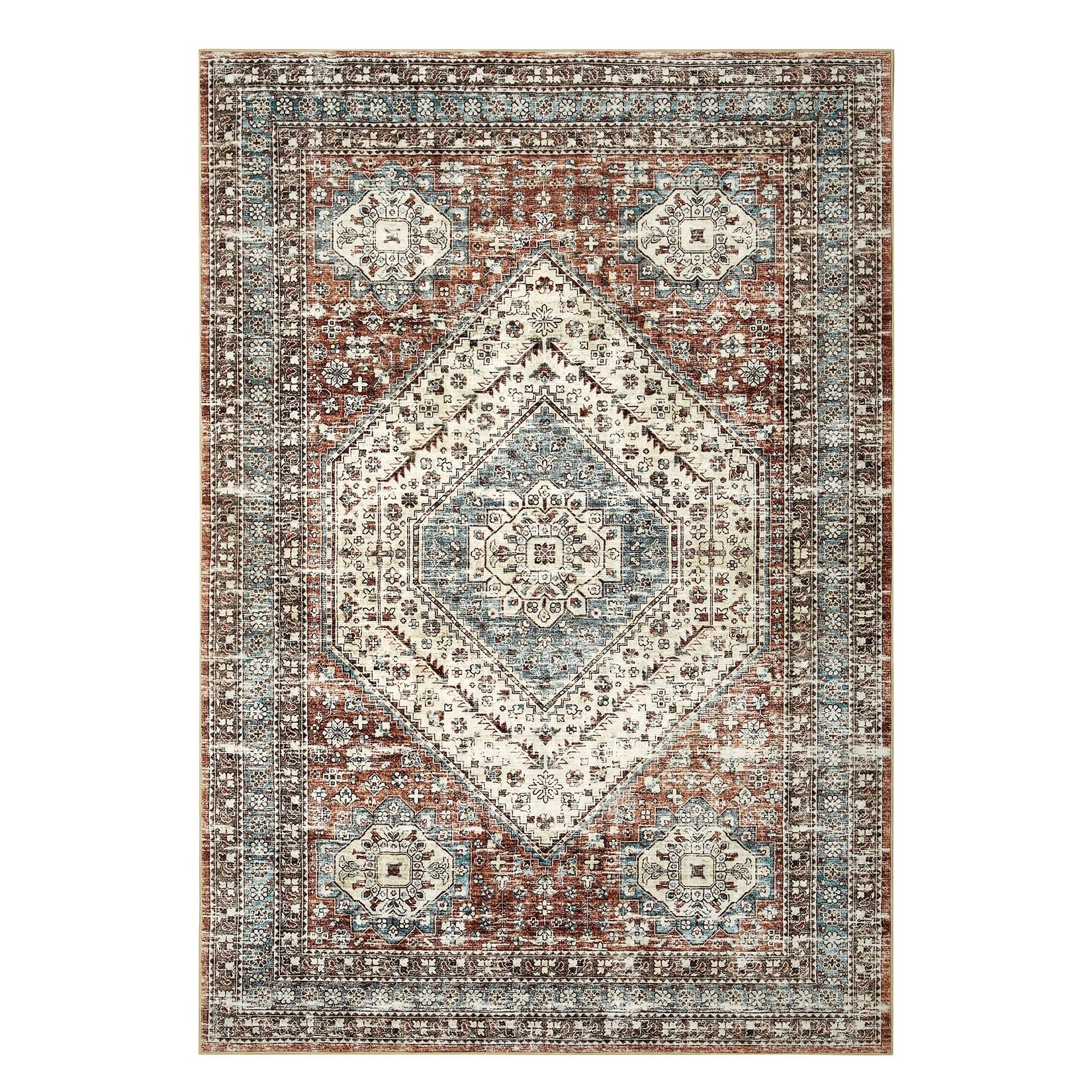 RUGSREAL Washable Area Rug 5x7, Ultra-Thin Antique Collection Area Rug, Stain Resistant Rugs for Living Room Bedroom, Distressed Washable Rug(Brown, 5'x7')