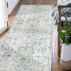 jinchan Runner Rug 3x7 Washable Rug Area Rug Indoor Floor Cover Thin Rug Retro Distressed Blue Multi Carpet Floral Print Mat Country Boho Accent Rug Non Slip for Bathroom Kitchen Bedroom Living Room