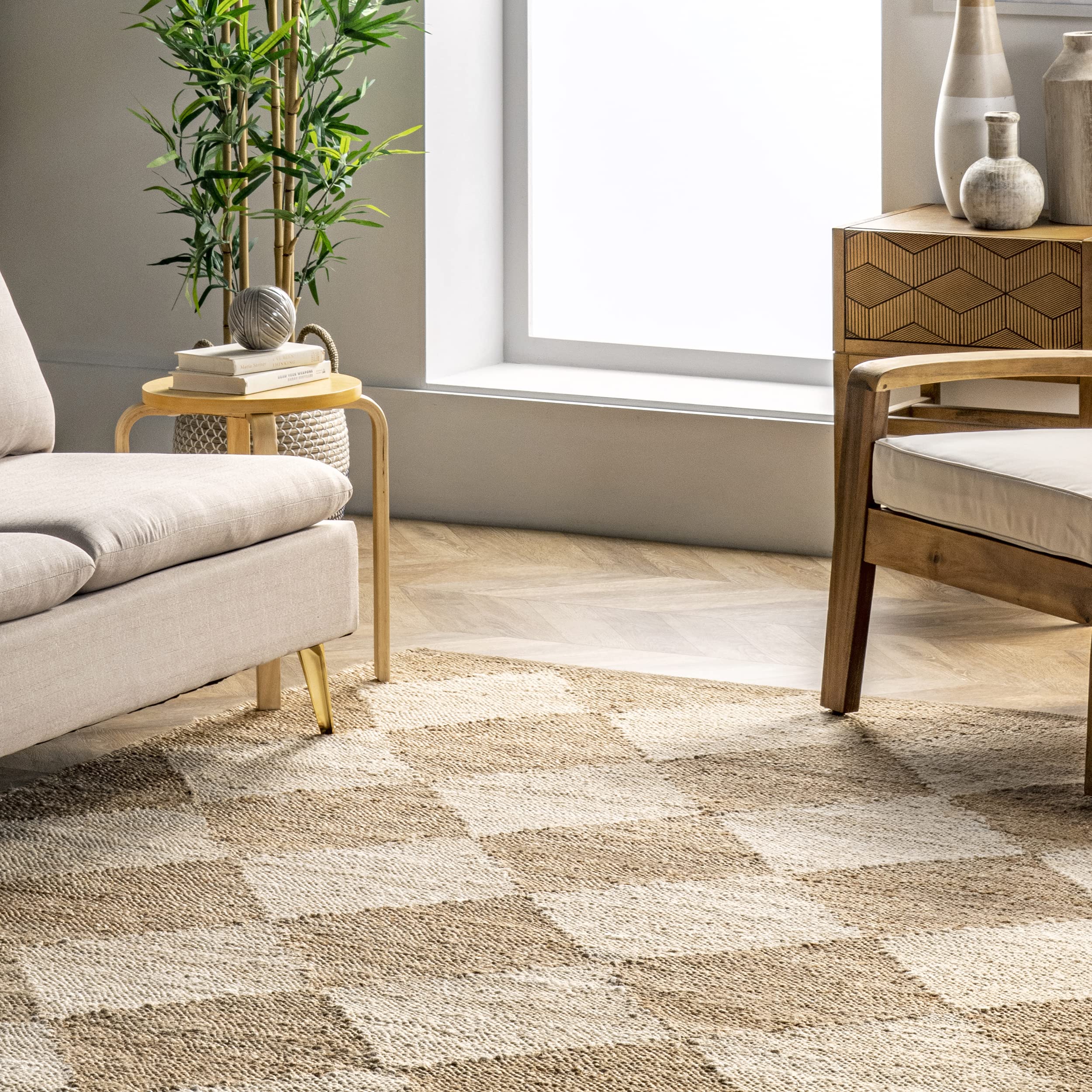 Rugs USA x Arvin Olano Louie Diamond Checkerboard Jute Area Rug, 9' x 12', Natural