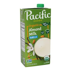 pacific foods organic vanilla almond milk, plant based milk, 32 oz carton