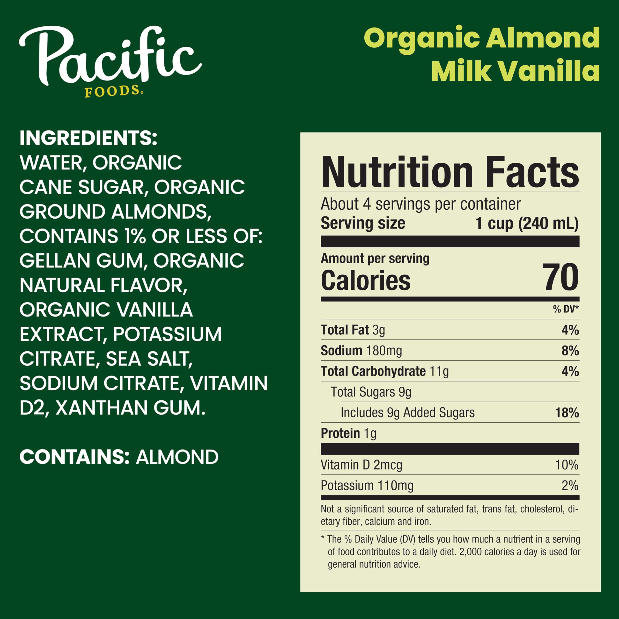 Pacific Foods Organic Vanilla Almond Milk, Plant Based Milk, 32 oz Carton