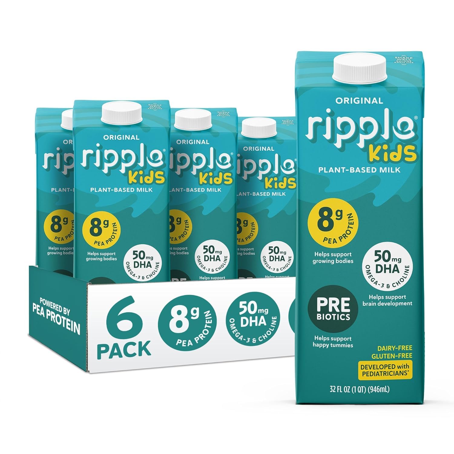 Ripple Non-Dairy Milks | Vegan Milk with 8g Pea Protein | Shelf Stable | Non-GMO. Plant Based, Gluten Free | 32 Fl Oz (Pack of 6) (32 Fl Oz (Pack of 6), Kids)