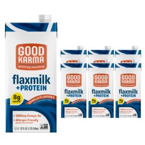 good karma vanilla flaxmilk +protein, 32 ounce (pack of 6), 8g plant protein + 1200mg omega-3 per serving, plant-based non-dairy milk alternative, lactose free, nut free, vegan, shelf stable