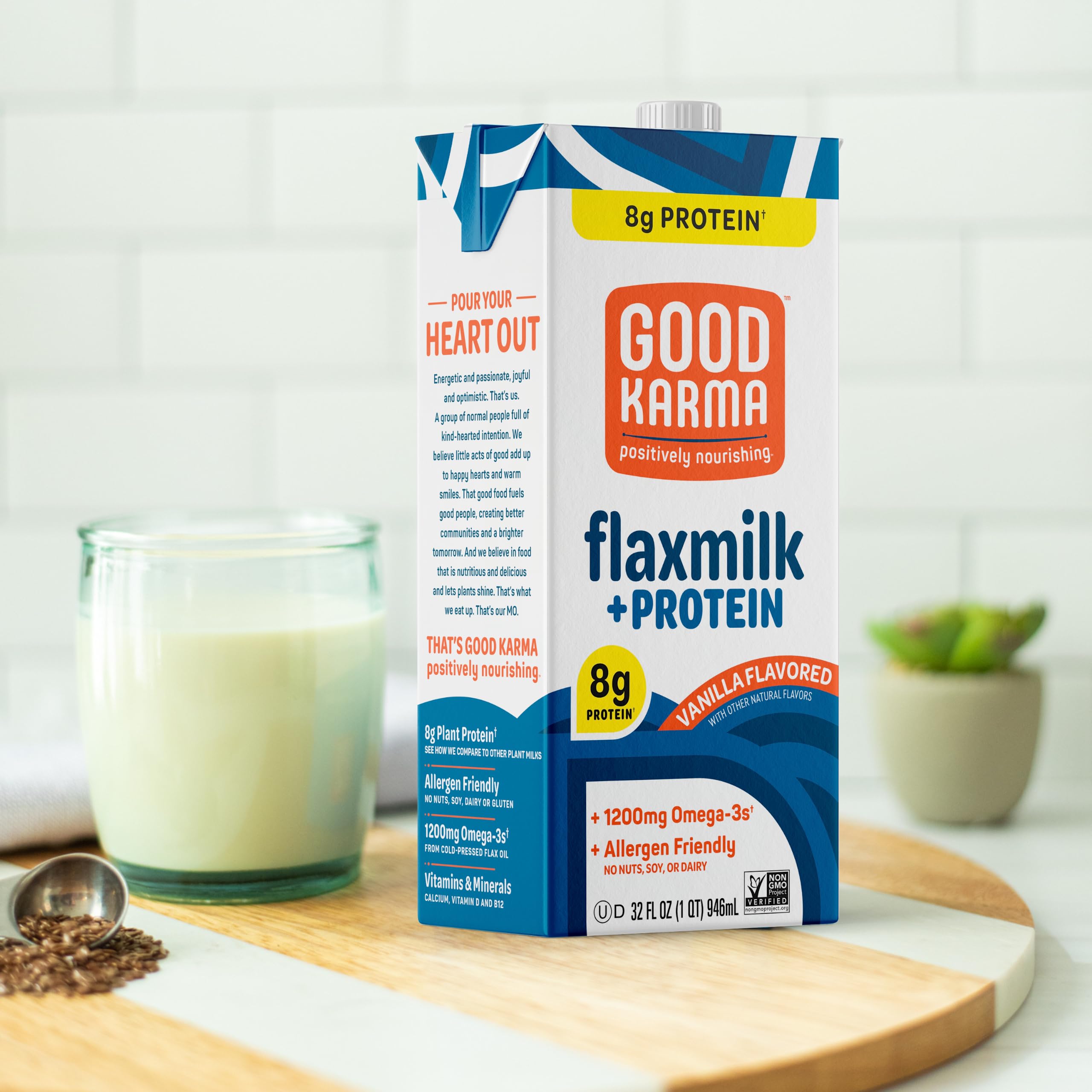 Good Karma Vanilla Flaxmilk +Protein, 32 Ounce (Pack of 6), 8g Plant Protein + 1200mg Omega-3 Per Serving, Plant-Based Non-Dairy Milk Alternative, Lactose Free, Nut Free, Vegan, Shelf Stable