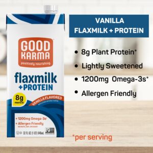 Good Karma Vanilla Flaxmilk +Protein, 32 Ounce (Pack of 6), 8g Plant Protein + 1200mg Omega-3 Per Serving, Plant-Based Non-Dairy Milk Alternative, Lactose Free, Nut Free, Vegan, Shelf Stable