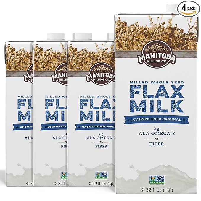 Manitoba Milling Company Unsweetened Flax Milk, 32 Ounce (Unsweetened Original) 4pk, Plant-Based Non-Dairy Milk Alternative with Omega-3, 4 g Protein, Fiber, Lignans | Shelf Stable