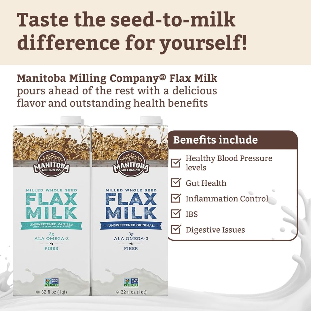 Manitoba Milling Company Unsweetened Flax Milk, 32 Ounce (Unsweetened Original) 4pk, Plant-Based Non-Dairy Milk Alternative with Omega-3, 4 g Protein, Fiber, Lignans | Shelf Stable