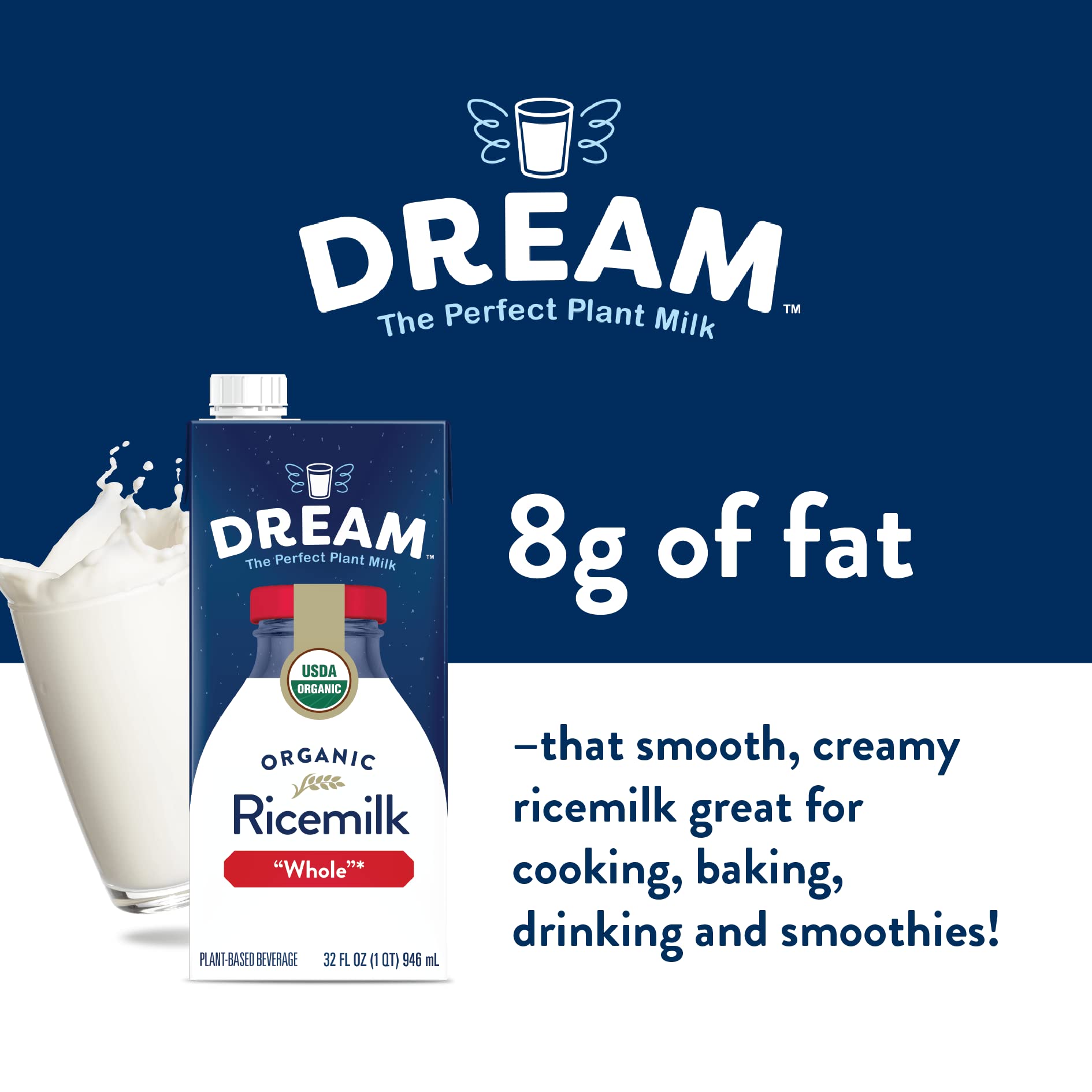 Dream Organic Whole Rice Milk, Dairy Free, 32 Fluid Ounces (Pack Of 12)