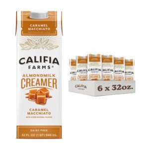 califia farms - caramel macchiato almond milk coffee creamer, 32 fl oz (pack of 6), shelf stable, dairy free, plant based, vegan, gluten free, non gmo, almond creamer