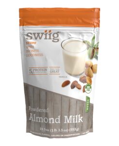 swiig powdered almond milk, vegan, no artificial ingredients, colors or preservatives, no gmo ingredients, no gluten, no added sugar, 5g of plant-based protein in every serving (vanilla, 1.22 lb)