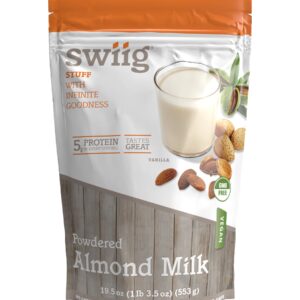 swiig Powdered Almond Milk, Vegan, No Artificial Ingredients, Colors or Preservatives, No GMO Ingredients, No Gluten, No Added Sugar, 5g of Plant-Based Protein In Every Serving (Vanilla, 1.22 lb)