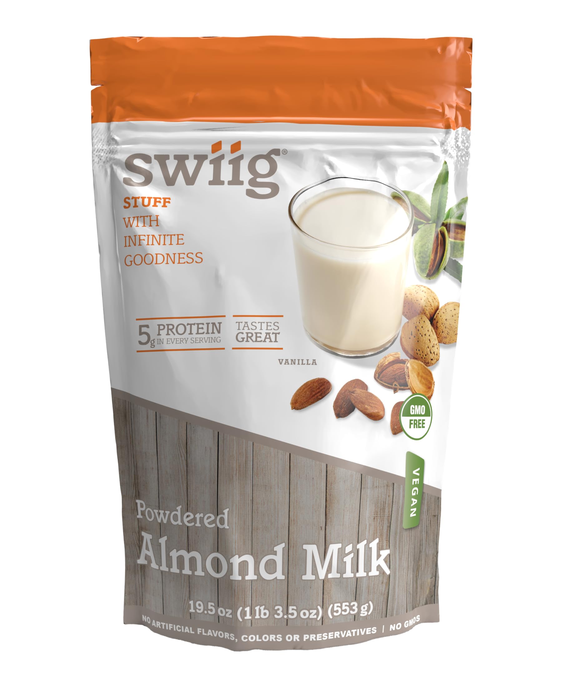 swiig Powdered Almond Milk, Vegan, No Artificial Ingredients, Colors or Preservatives, No GMO Ingredients, No Gluten, No Added Sugar, 5g of Plant-Based Protein In Every Serving (Vanilla, 1.22 lb)