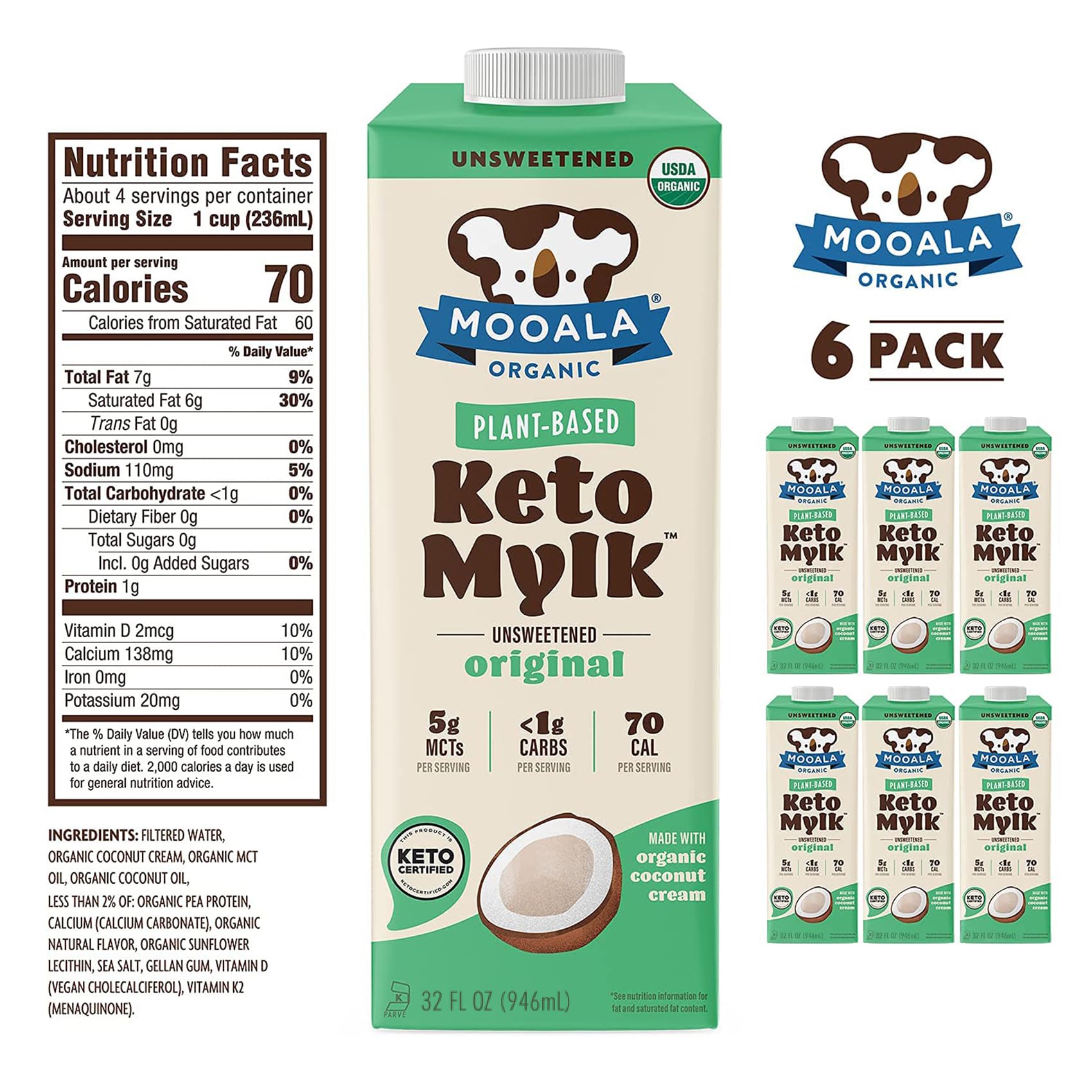 Mooala - Organic Original Keto Mylk, 1L (Pack of 6) – Shelf-Stable, Non-Dairy, Gluten-Free, Soy-Free, Plant-Based Milk With