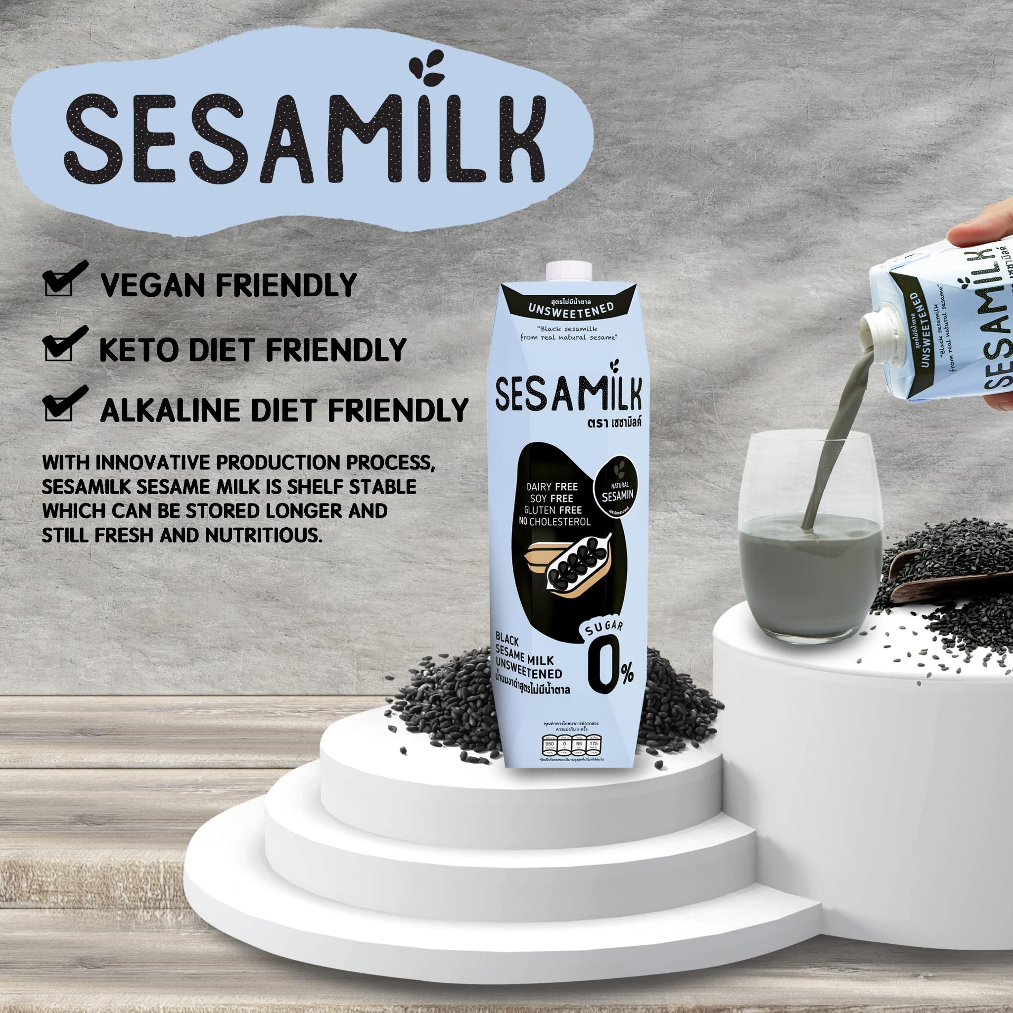 Sesamilk: Sesame Milk (Unsweetened Black Sesame Milk), 33.8 Fl Oz (Pack of 6) Vegan Dairy Free│Soy and Nut Free │Gluten Free │Low Sodium │0% Sugar │Halal